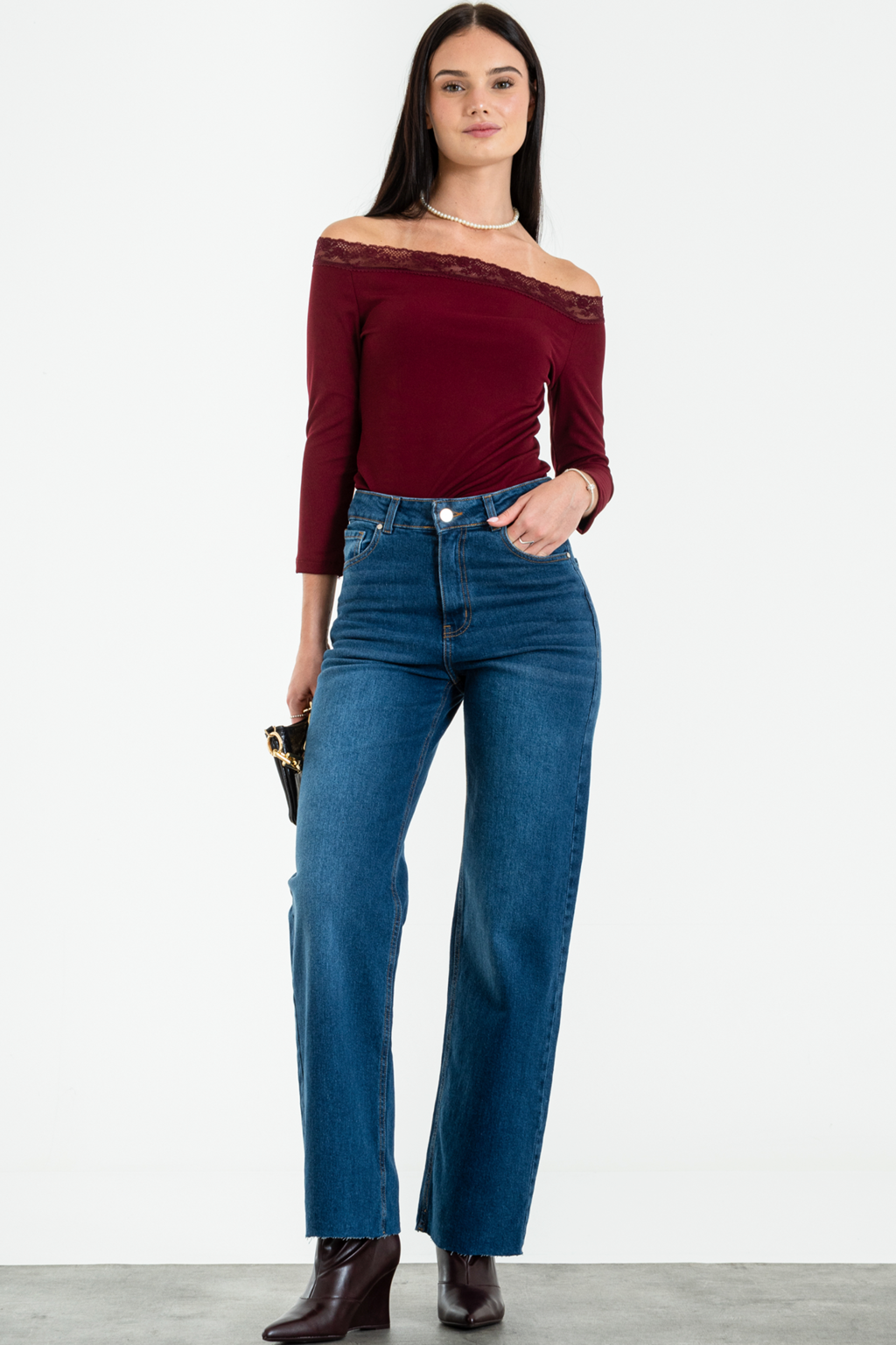 ISOS JEANS WIDED LEG ELASTIZADO TIRO ALTO SIN RUEDO AZUL